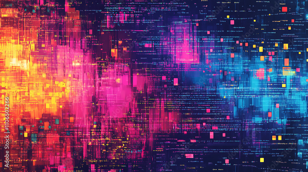 Fototapete Abstract digital artwork of a glitch error screen with colorful hexadecimal code overlay