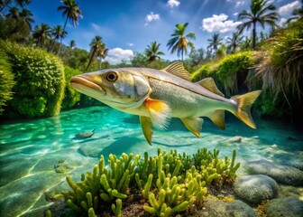 A Lone Snook Centropomus Undecimalis in Warm Central Florida Spring Waters After a Cold Night - Tilt-Shift Photography Capturing Unique Aquatic Beauty