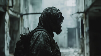 Mysterious figure in tactical gear wearing a gas mask in an abandoned, foggy urban environment