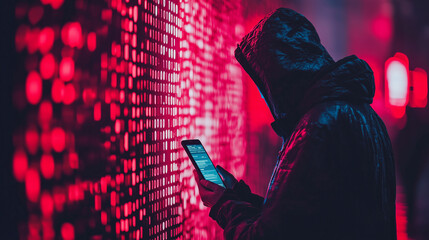 Hooded figure using smartphone against illuminated red binary code wall, representing cybersecurity or hacking