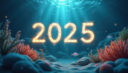 A magical underwater scene with glowing sea creatures and 'Happy New Year 2025' appearing as shimmering light in the water