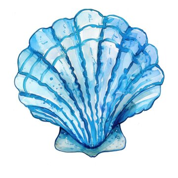 Beautiful blue watercolor seashell illustration with intricate patterns, showcasing fresh oceanic elements and marine themes, perfect for summer designs.