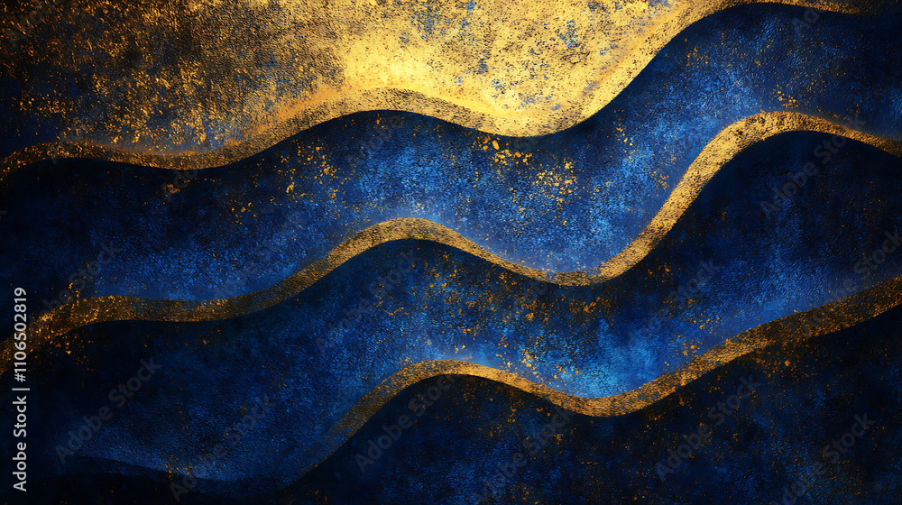 Aufkleber dark blue gold waves decoration fabric , a normal simple grainy noise grungy empty space or spray te