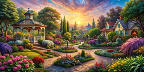 Obraz premium A Lush Oil Painting of a Vibrant Garden Where Each Flower Blooms in Harmony with Nature's Splendor, Capturing the Essence of Urban Exploration and Serenity