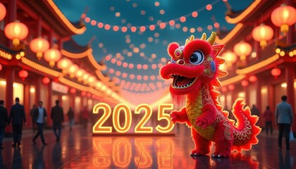 A bustling Asian-style New Year festival with dragon dances, lanterns, and 'Happy 2025' glowing in bright, bold colors.