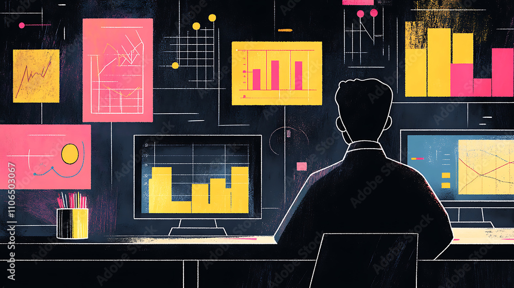 Poster Illustration showcasing the analysis of data charts Emphasizing the importance of visual data presentation in strategic decision-making