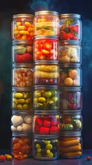 Vegetable preserves. canned food. Ultra realistic. Photorealistic hypermaximalist advertising photography hyper realistic fine detail