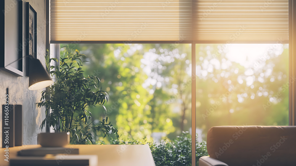 Poster modern interior window with energy-efficient cellular shades, featuring honeycomb design for superio