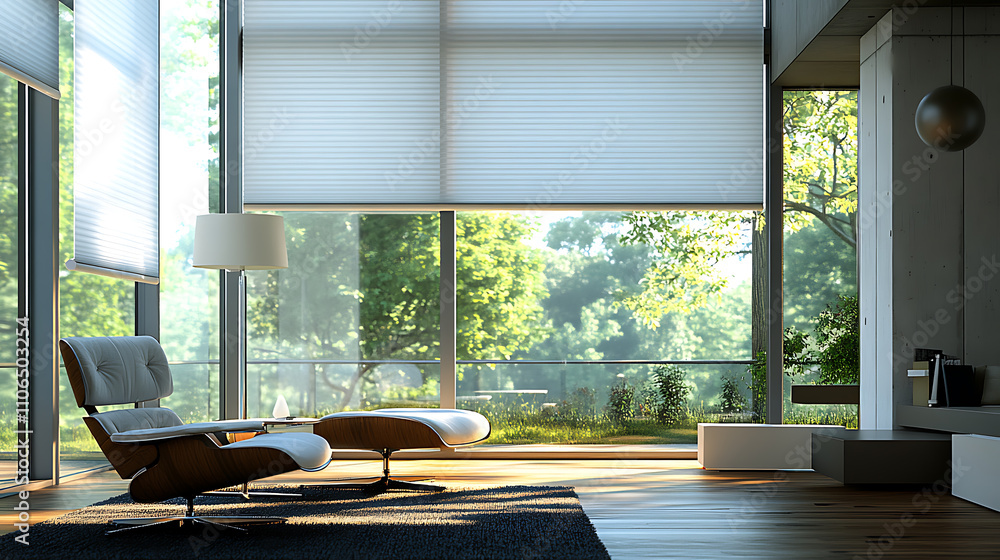 Poster modern interior window with energy-efficient cellular shades, featuring honeycomb design for superio