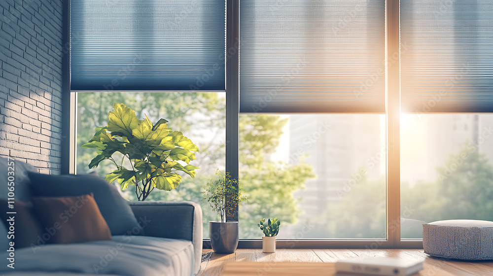 Poster modern interior window with energy-efficient cellular shades, featuring honeycomb design for superio
