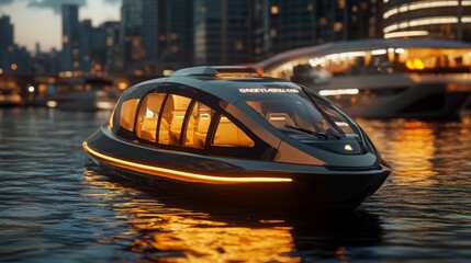 Obraz premium A sleek electric transport vessel navigates smoothly across the calm waters of a contemporary marina. The vessel features illuminated lines and a futuristic design set against a skyline at twilight.
