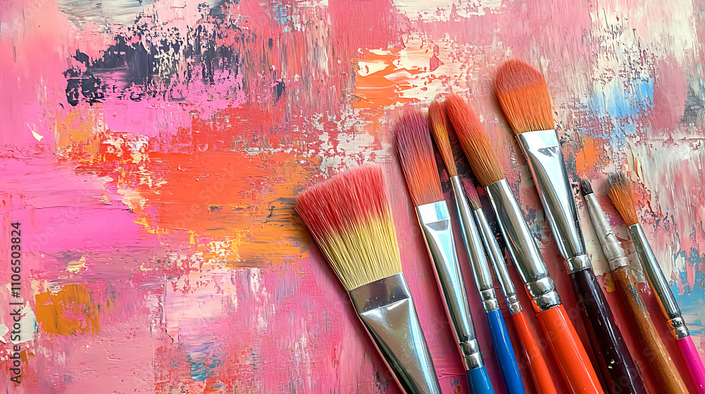 Poster a painting with colorful brushes and a light red and dark magenta background