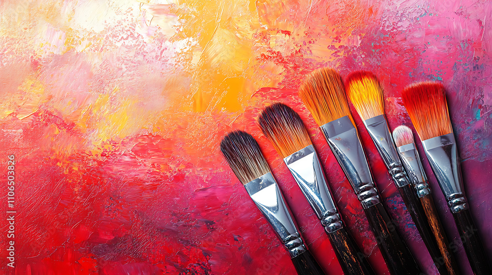 Poster a painting with colorful brushes and a light red and dark magenta background
