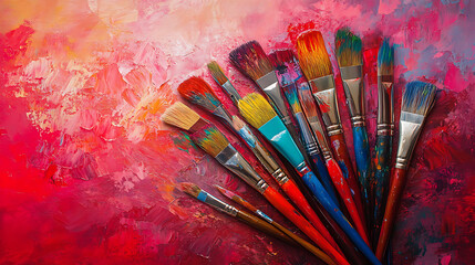 A painting with colorful brushes and a light red and dark magenta background
