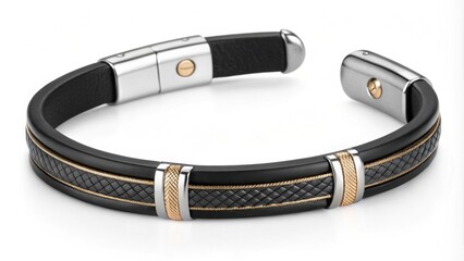 A stylish cuff bracelet with metallic accents able to vibrate for incoming calls and messages while remaining a fashionable statement piece.