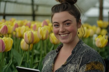Young woman smiling joyfully in a vibrant flower greenhouse surrounded by blooming yellow tulips, showcasing a calm and cheerful atmosphere perfect for spring season photography.
