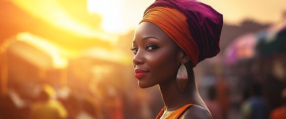 African woman in vibrant headwrap at sunset.