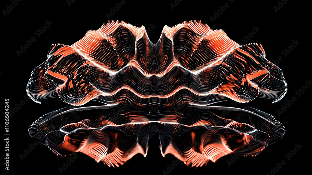 Poster a digitally rendered abstract image displays a symmetrical, biomorphic form. orange and black hues c