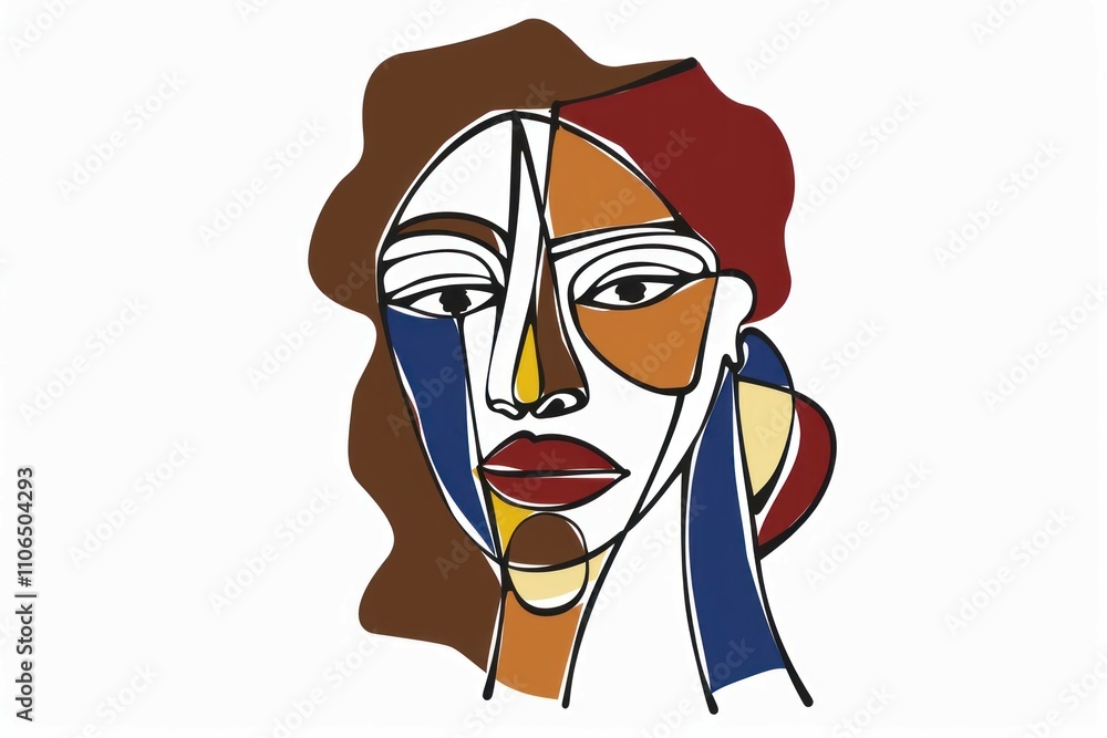 Poster abstract portrait of a woman with colorful geometric shapes and lines, showcasing diverse features a