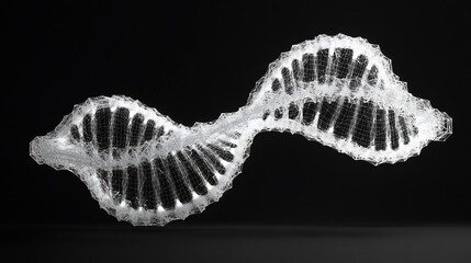 Abstract wireframe model of a DNA double helix on a black background.