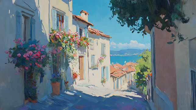 Fototapeta Oil painting depicting italian villas and flowers on the streets
