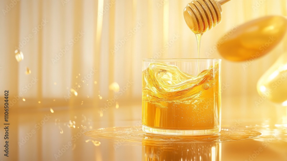 Aufkleber a glass of fresh juice is infused with golden honey, creating a delicious swirl. sunlight streams th