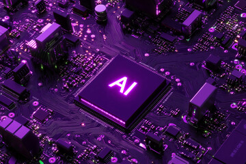 Obraz premium Artificial Intelligence Computer Chip Semiconductor, Purple AI Machine Learning Hardware Concept 