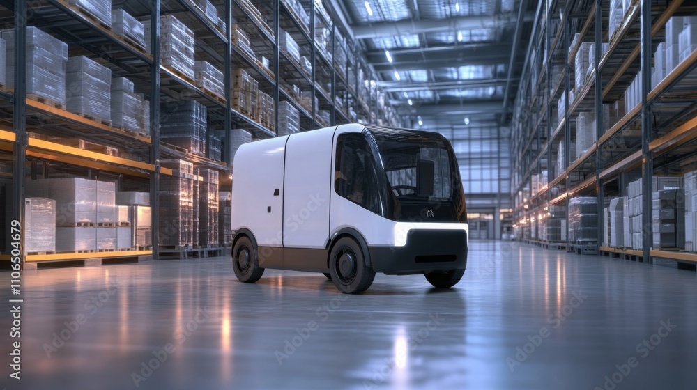 Poster a compact electric transport vehicle is parked inside a spacious warehouse filled with neatly stacke