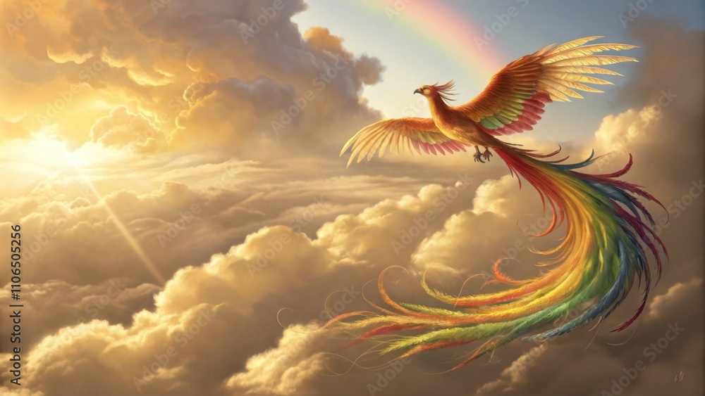Poster in a display of playful agility the phoenix spins and glides through a swirling mass of golden cloud