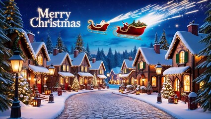 Vibrant Christmas illustration showcases a charming village under falling snow and Santa's sleigh. Ideal for seasonal promotions, greeting cards, and spreading holiday cheer.