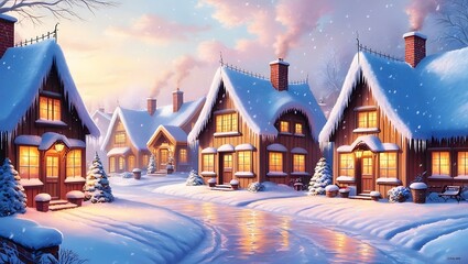 Fototapeta premium A Cozy Winter Village Scene at Sunset