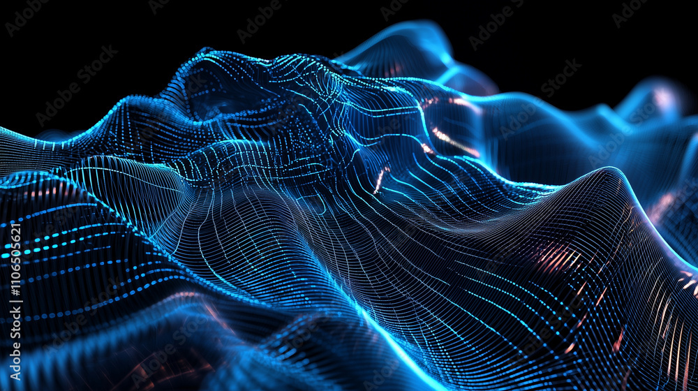 Poster a mesmerizing digital landscape of flowing, luminous blue and purple waveforms. intricate lines crea
