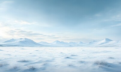 panoramic view of endless snow-covered plains with distant mountains
