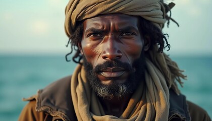 A Somali man dressed in traditional attire stands confidently on a beach with the ocean waves behind him. His expression conveys strength and determination, capturing the essence of modern piracy. AI