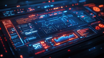 Obraz premium Futuristic digital interface with glowing red and blue lines, graphs, and data.