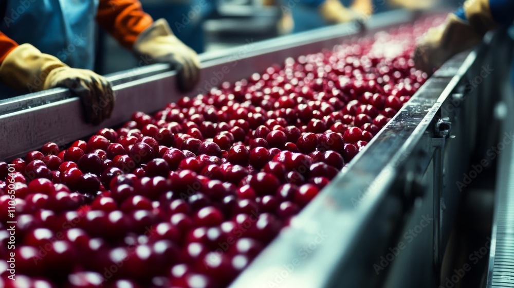 Poster workers in a juice extraction facility are sorting vibrant cherries on a conveyor belt. the atmosphe