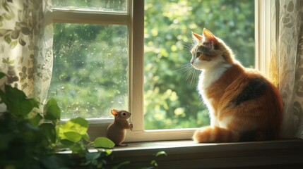 Fluffy Calico Cat Sitting by the Window