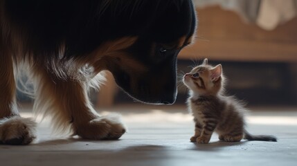 Fluffy Dog Gently Nudges Tiny Kitten in Cute Moment