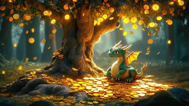 Enchanting baby dragon under golden tree surrounded by falling coins, symbolizing chinese new year prosperity and wealth