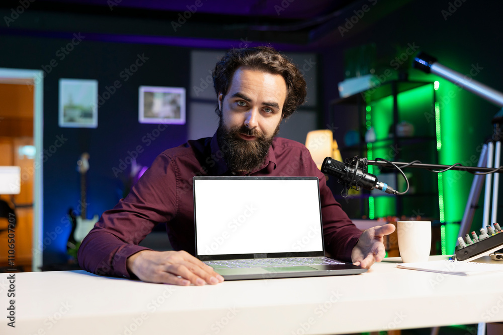 Poster portrait of man in studio filming tech tutorial on how to do maintenance on broken mockup laptop. on