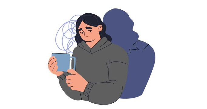 Woman with mental health problem. Moving banner with scared young girl with shadows. Psychological trauma and disorder. Frustration and emotional burnout. Cartoon flat animated graphics