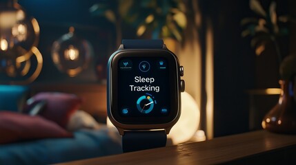 A close-up of a smartwatch displaying sleep tracking features in a cozy, softly lit room.