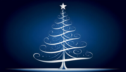 A minimalist Christmas tree with elegant silver swirls and a star, set against a dark blue background. Perfect for a modern, stylish holiday card or decoration