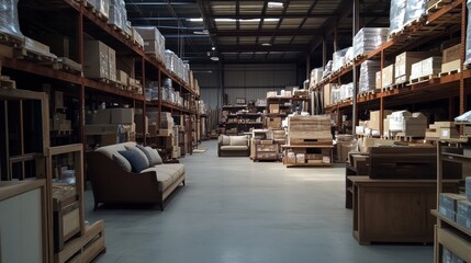 Obraz premium Warehouse Interior with Rows of Shelving and Couches