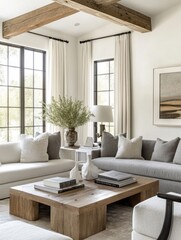 Modern Living Room Decor Neutral Tones Wooden Beams