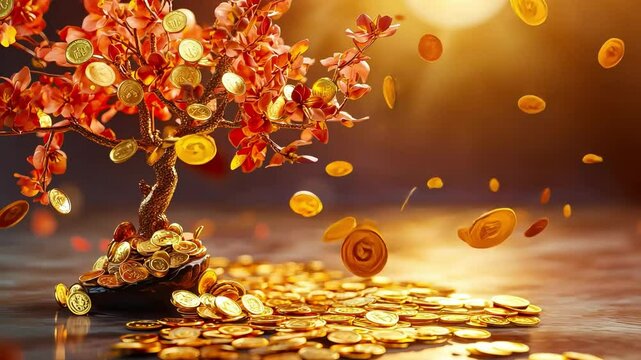 Golden coins cascading from prosperity tree at sunset symbolizing wealth and fortune during chinese new year celebration
