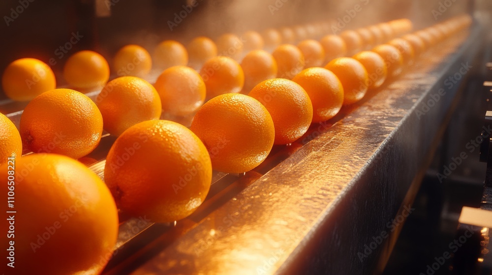 Poster oranges are meticulously arranged in a juice production facility, ready for processing. the bright f