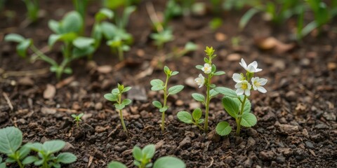 A tiny seedling growing out of the soil in a vibrant green meadow, plant life cycle, blooming plants