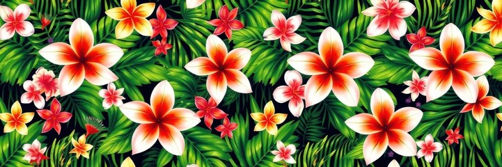 Obraz premium Tropical seamless palm leaf pattern with colorful exotic flowers in a lush green background, foliage, outdoor