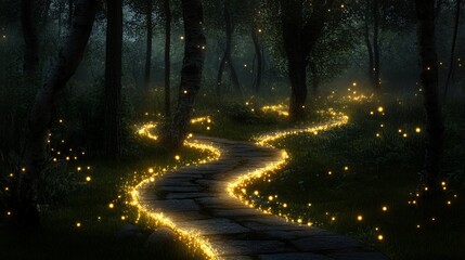 Fototapeta premium Magical forest path glowing at night.